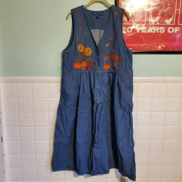 Vintage 90s Cottagecore Sunflower Fall Autumnal Denim A Line Maxi Dress - Picture 2 of 15